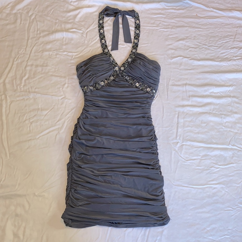Hailey Logan gray ruched formal dress with beading